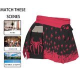 Kawaii Heaven Women's Red Spider Print Sport Skorts with Side Pockets