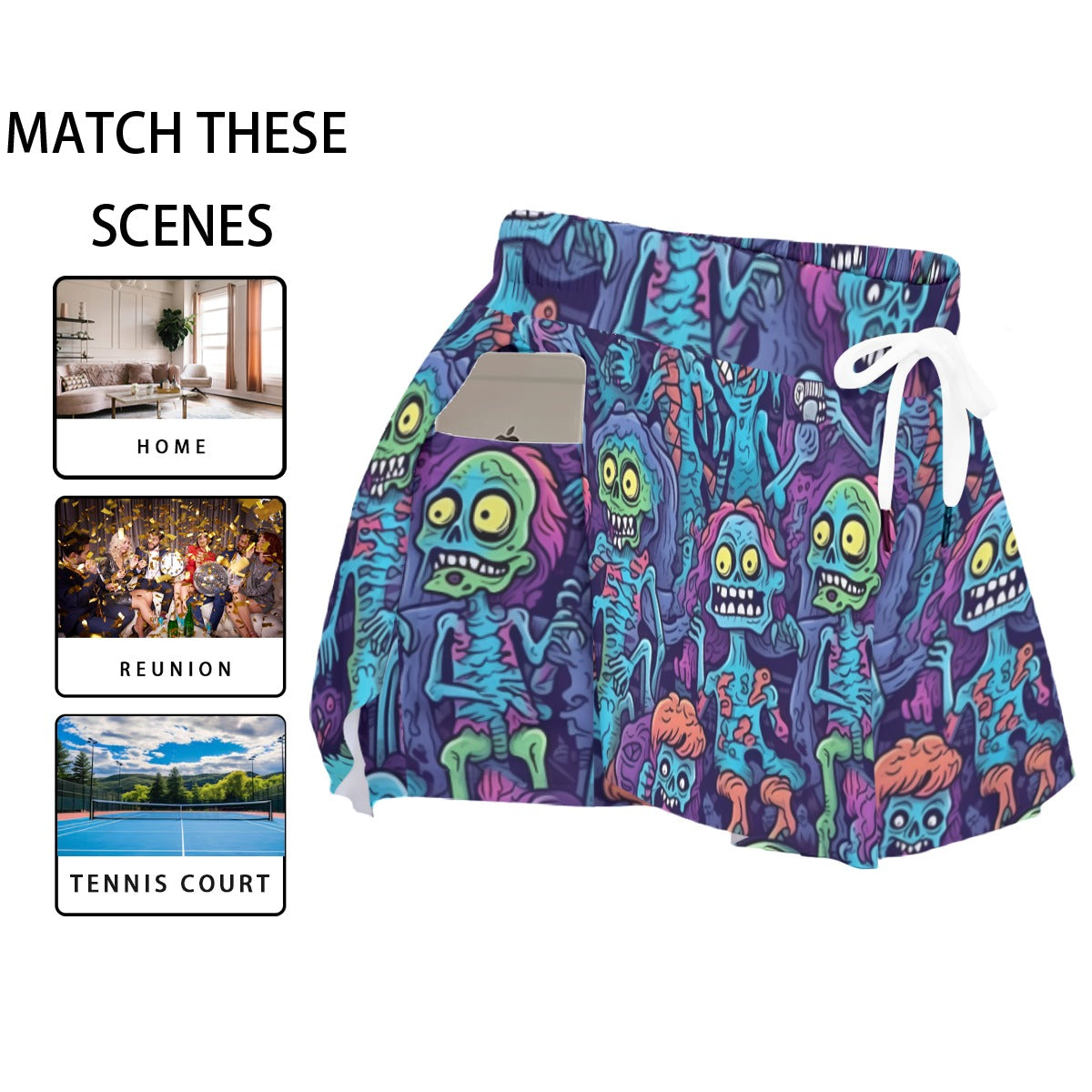 Zombie Cartoon Print Women's Sport Skorts - Colorful Athletic Skorts with Side Pockets and Elastic Waist