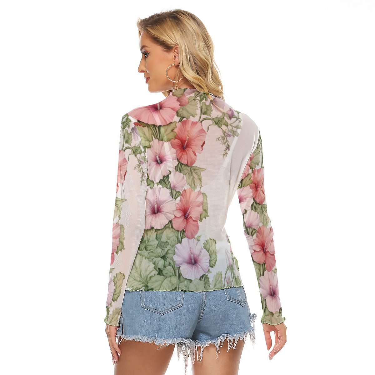 Women's Floral Mesh Long Sleeve T-Shirt - Lightweight Sheer Botanical Print Top