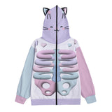 Kawaii Heaven Unisex Zip Up Hoodie with Cat Ears Pastel Skeleton Print