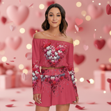 Heart Print Off-Shoulder Two-Piece Set – Long Sleeve Top & Mini Skirt
