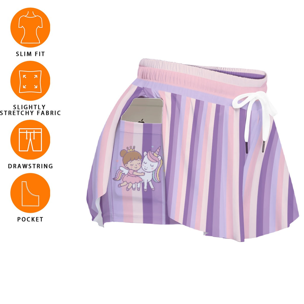 Kawaii Heaven Women's Pastel Striped Princess & Unicorn Skorts with Pockets