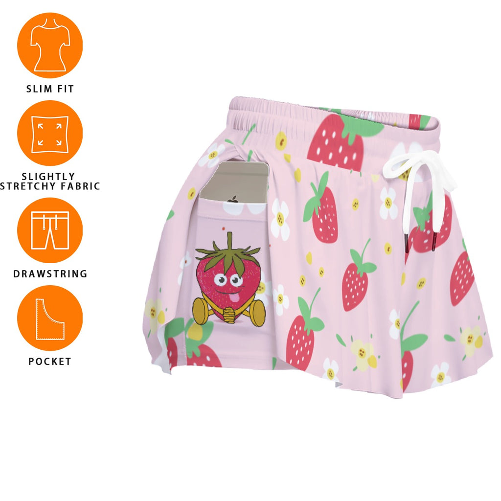 Kawaii Heaven Women's Strawberry Print Skort with Pocket Athletic Skirt Built-in Shorts Phone Holder