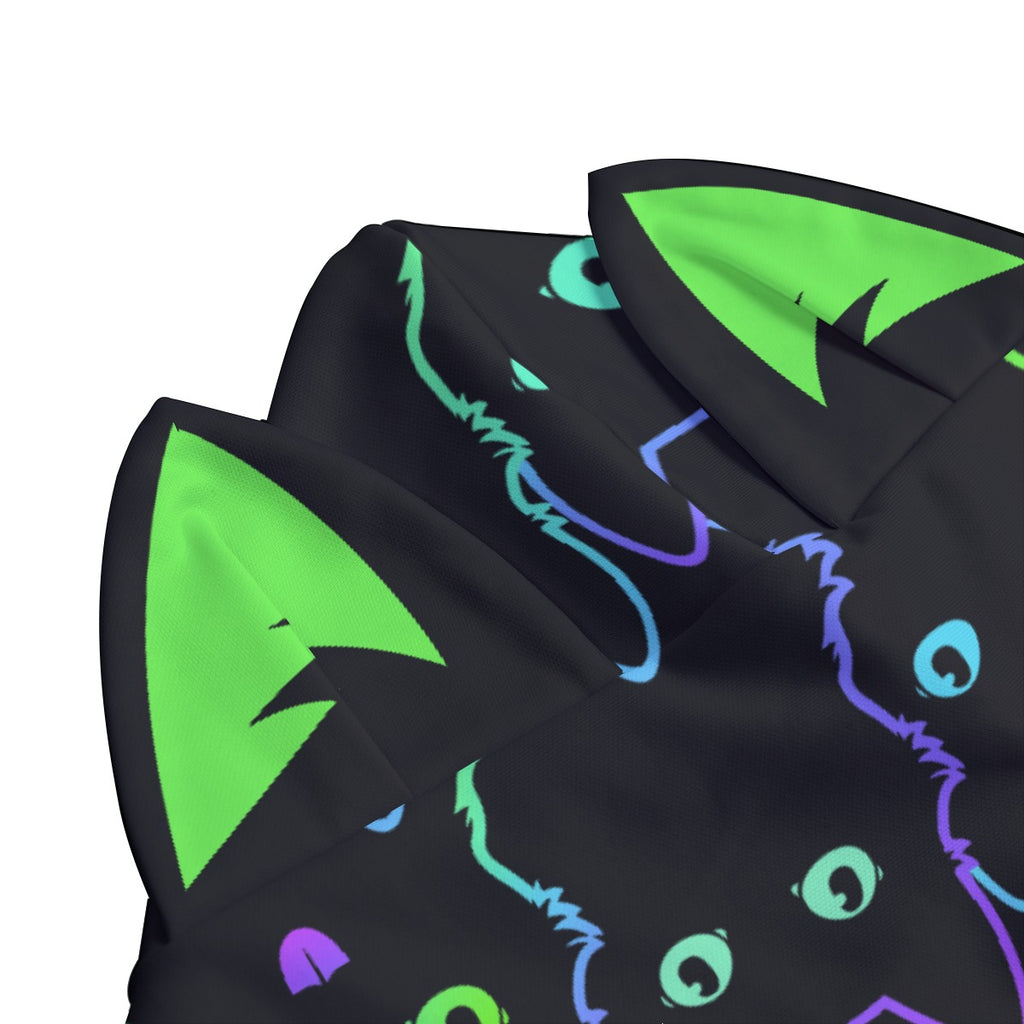 Neon Cat Print Zip-Up Hoodie with Cat Ears - Black Unisex Scuba Hooded Jacket