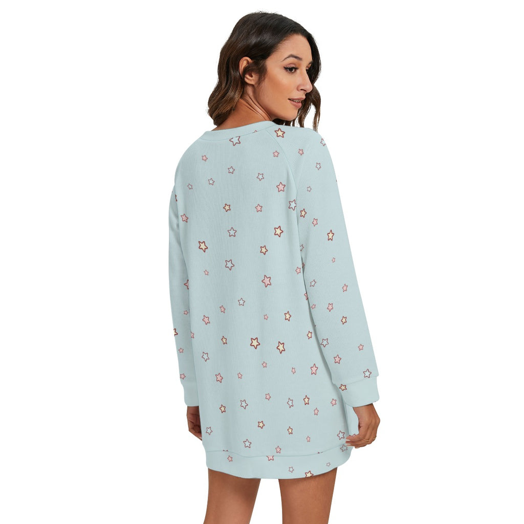 Kawaii Heaven Women's Cute Cat & Star Print Round Neck Raglan Sleeve Sweater - Cozy Blue