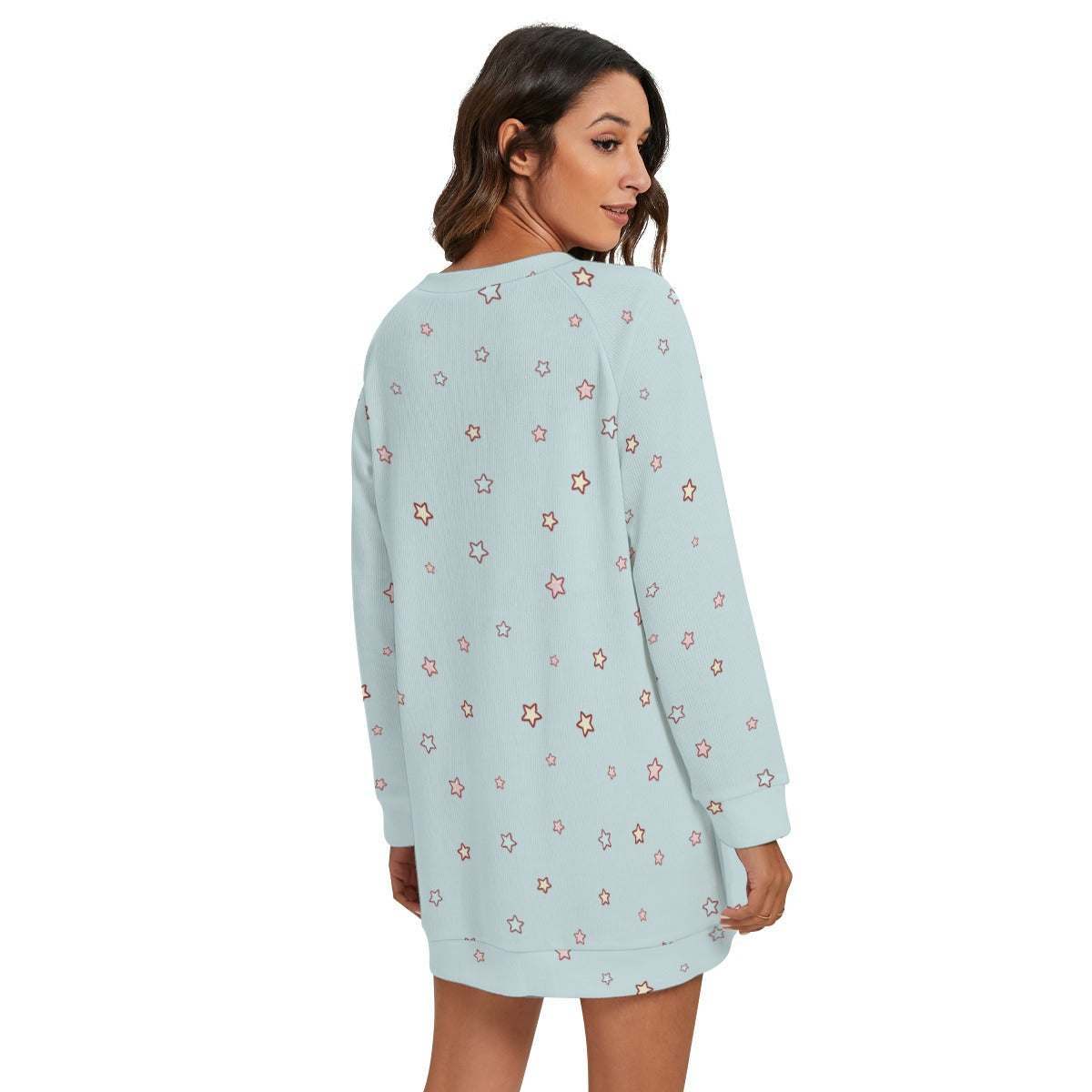 Kawaii Heaven Women's Cute Cat & Star Print Round Neck Raglan Sleeve Sweater - Cozy Blue