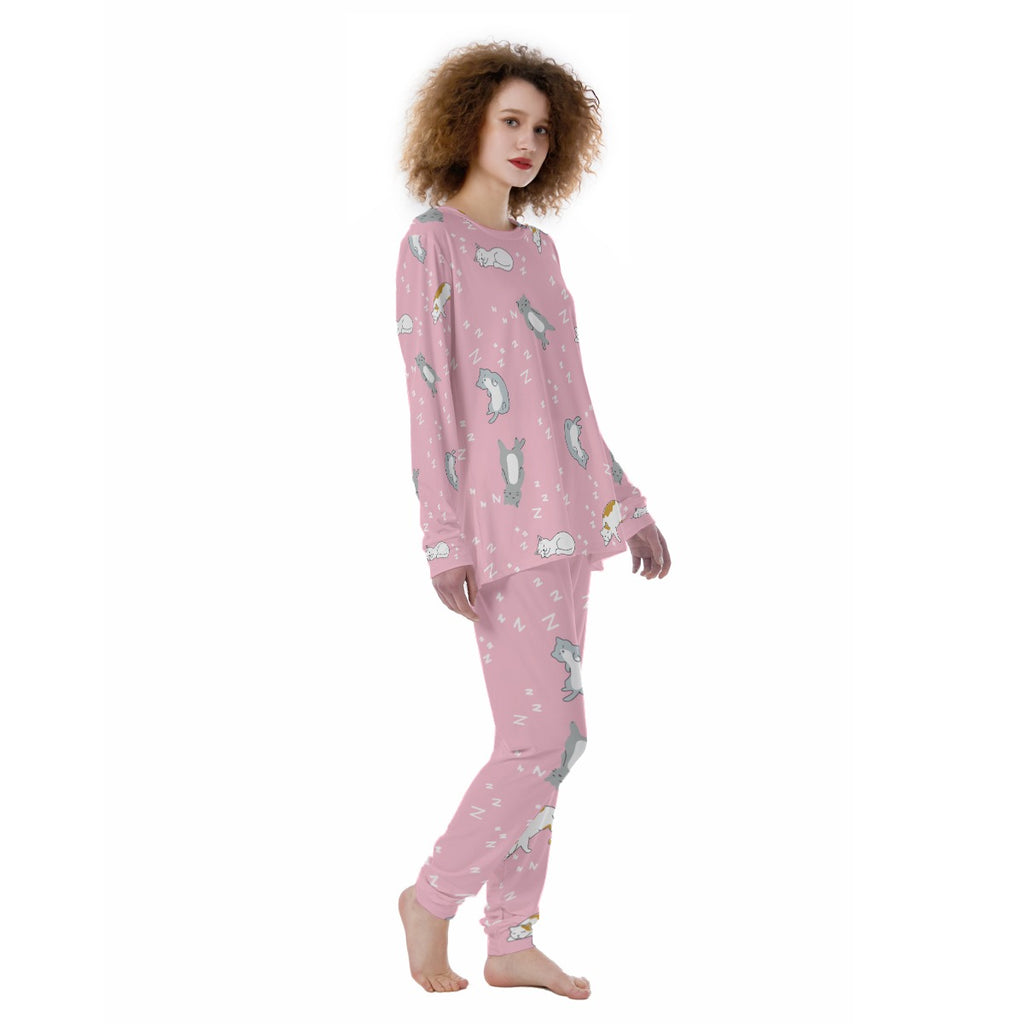Sleepy Cat Print Women's Pajama Set - Soft Pink Long Sleeve Lounge Suit with Comfort Fit