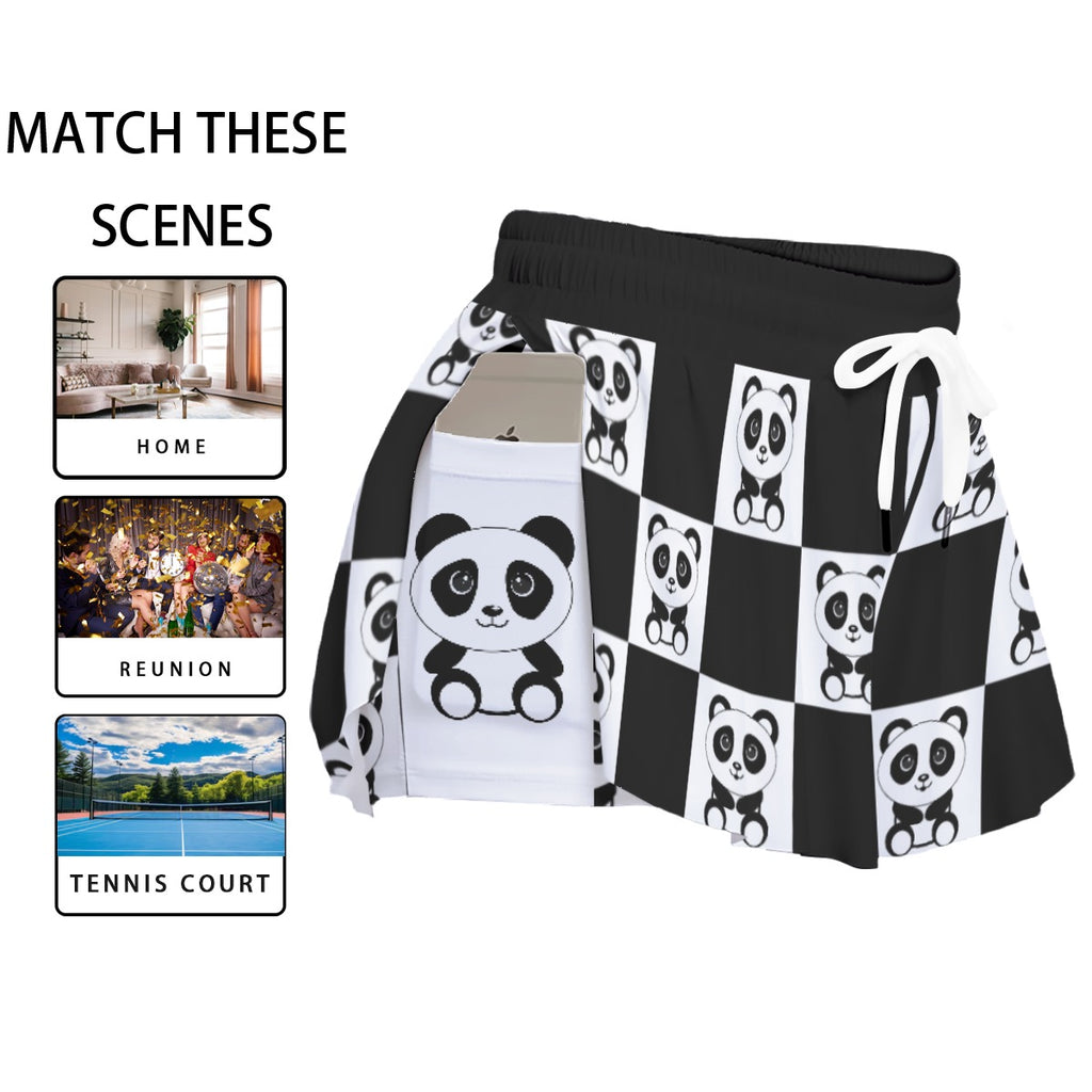 Kawaii Heaven Women's Panda Chessboard Pocket Skorts with Microfiber Fabric