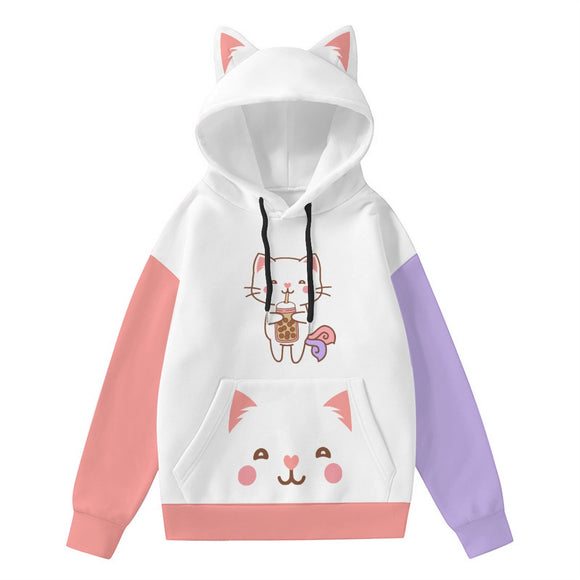 Cute Kawaii Boba Kitty Women's Hoodie with Decorative Cat Ears & Bubble Tea Vibes