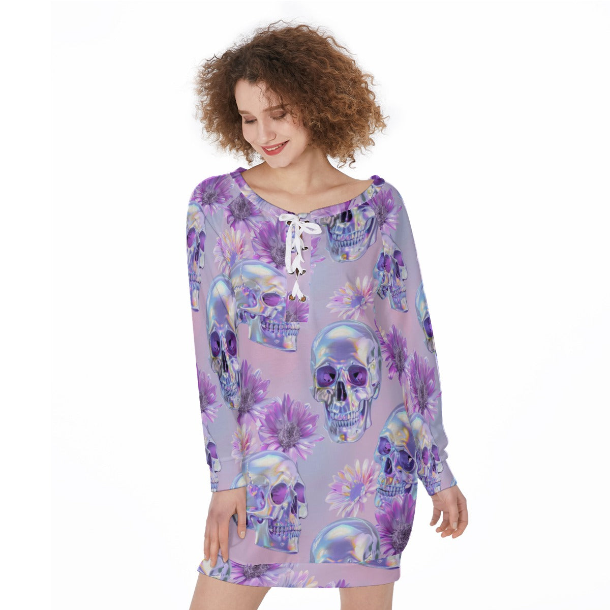 Pastel Skull Lace-Up Sweatshirt – Off-Shoulder Long Sleeve Top