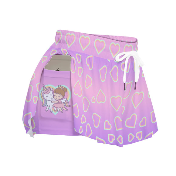 Pastel Heart Skort with Unicorn and Girl Print – Kawaii Women’s Sports Skirt
