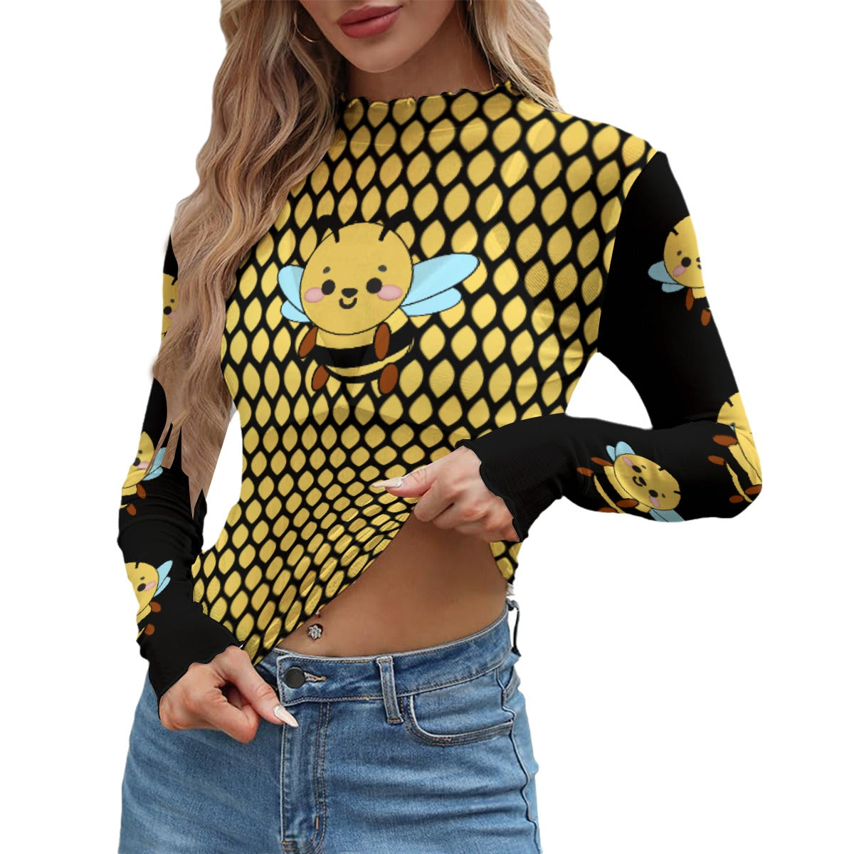 Women's Honeycomb Bee Mesh Long Sleeve Crop Top - Sexy Yellow Black Kawaii Aesthetic Shirt