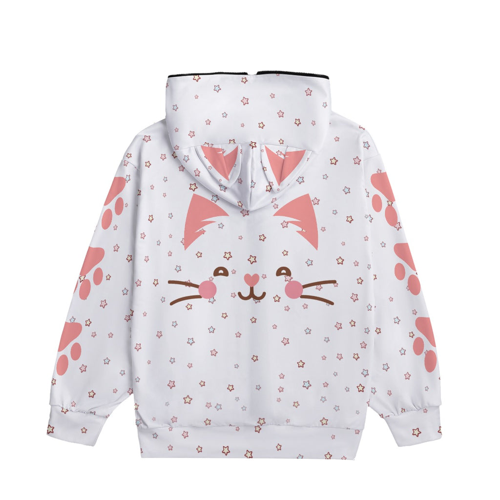 Kawaii Cat Paw Print Zip-Up Hoodie with Ears - White Anime-Inspired Pullover Sweatshirt for Unisex