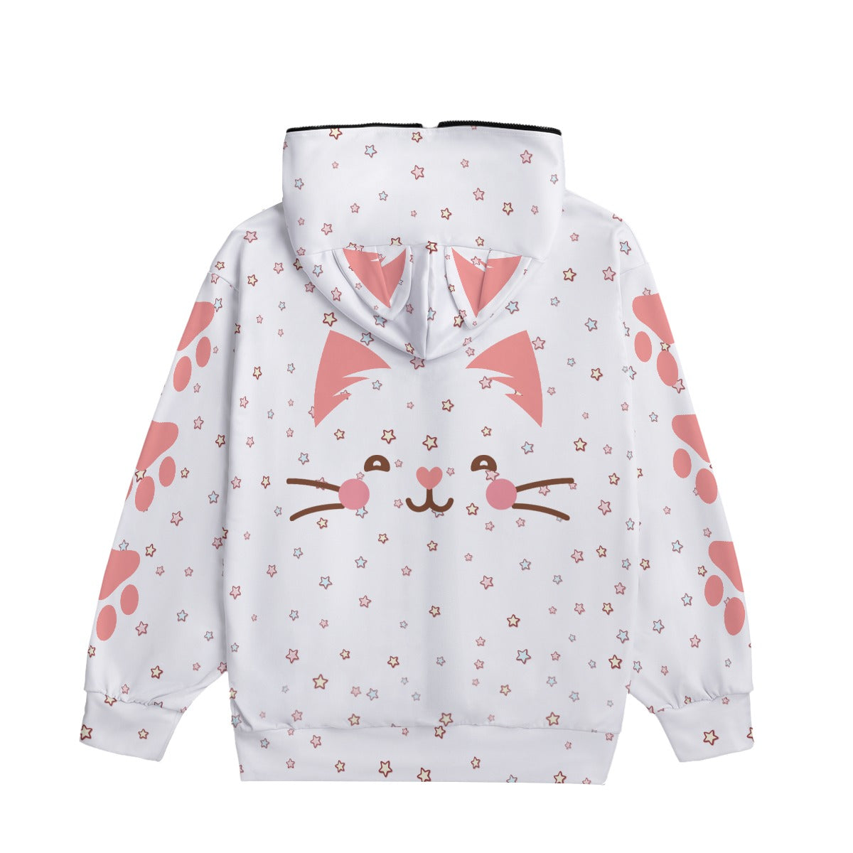 Kawaii Cat Paw Print Zip-Up Hoodie with Ears - White Anime-Inspired Pullover Sweatshirt for Unisex