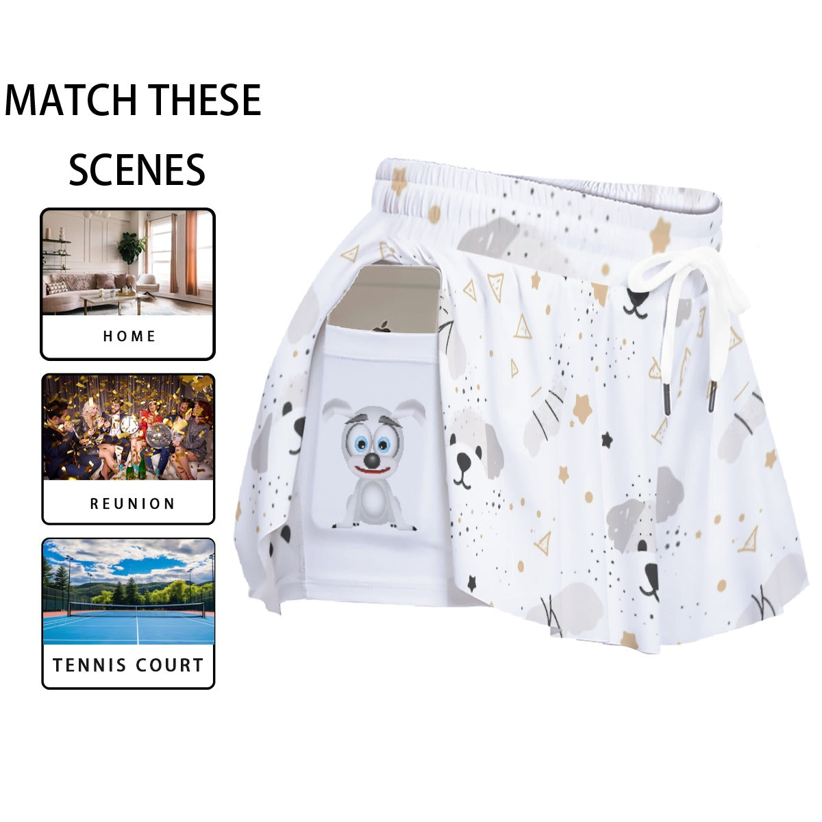 Cute Dog Print Women's Sport Skort with Pocket