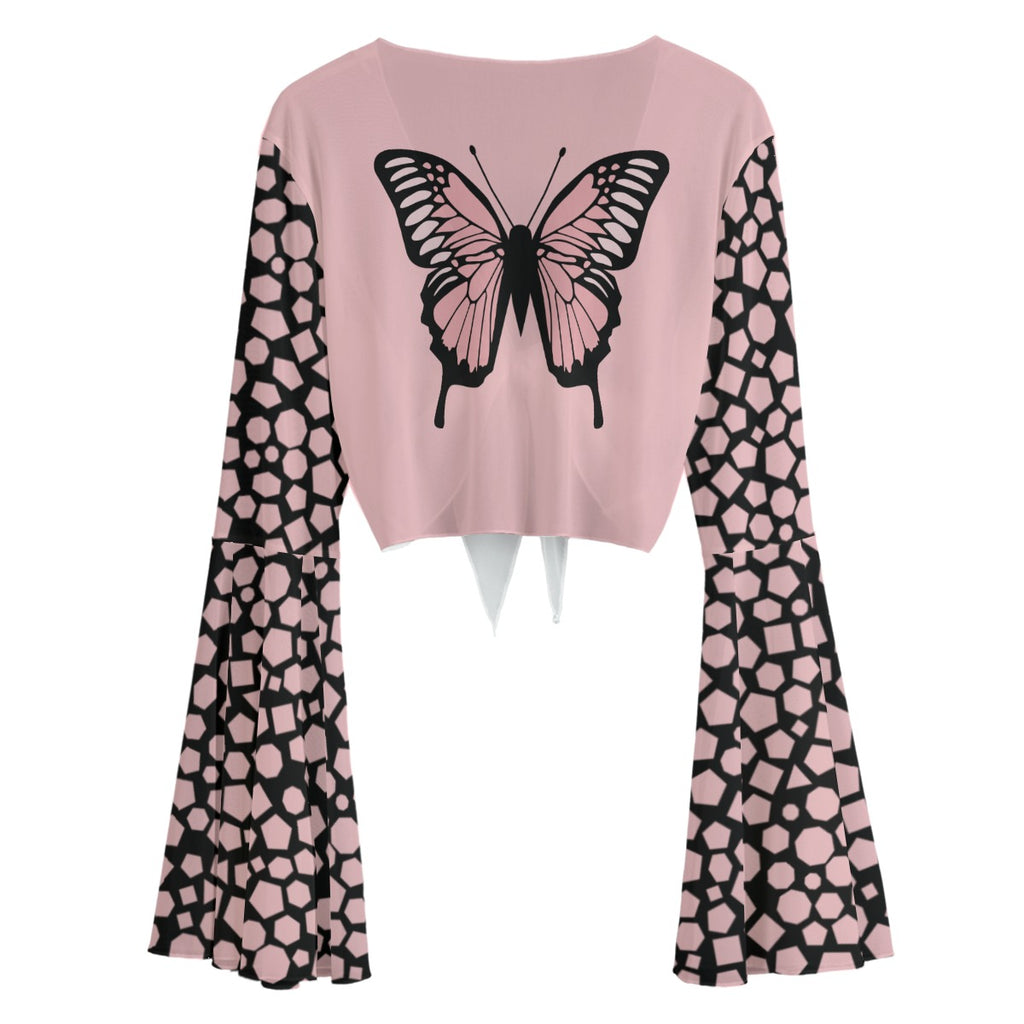 Butterfly Mesh Tie Front Top – Pink Bell Sleeve Sheer Blouse