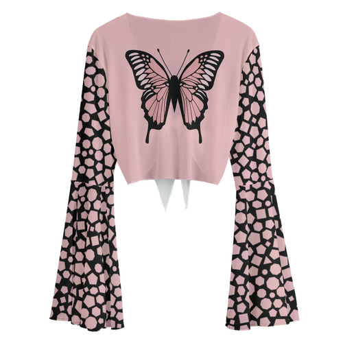 Butterfly Mesh Tie Front Top – Pink Bell Sleeve Sheer Blouse