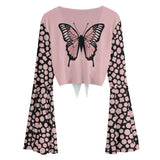 Butterfly Mesh Tie Front Top – Pink Bell Sleeve Sheer Blouse