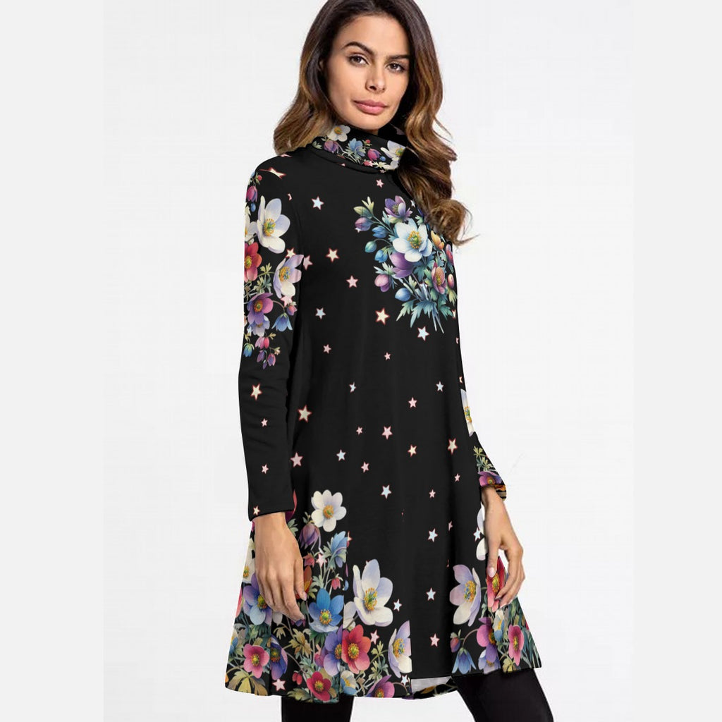 Floral High Neck Long Sleeve Swing Dress