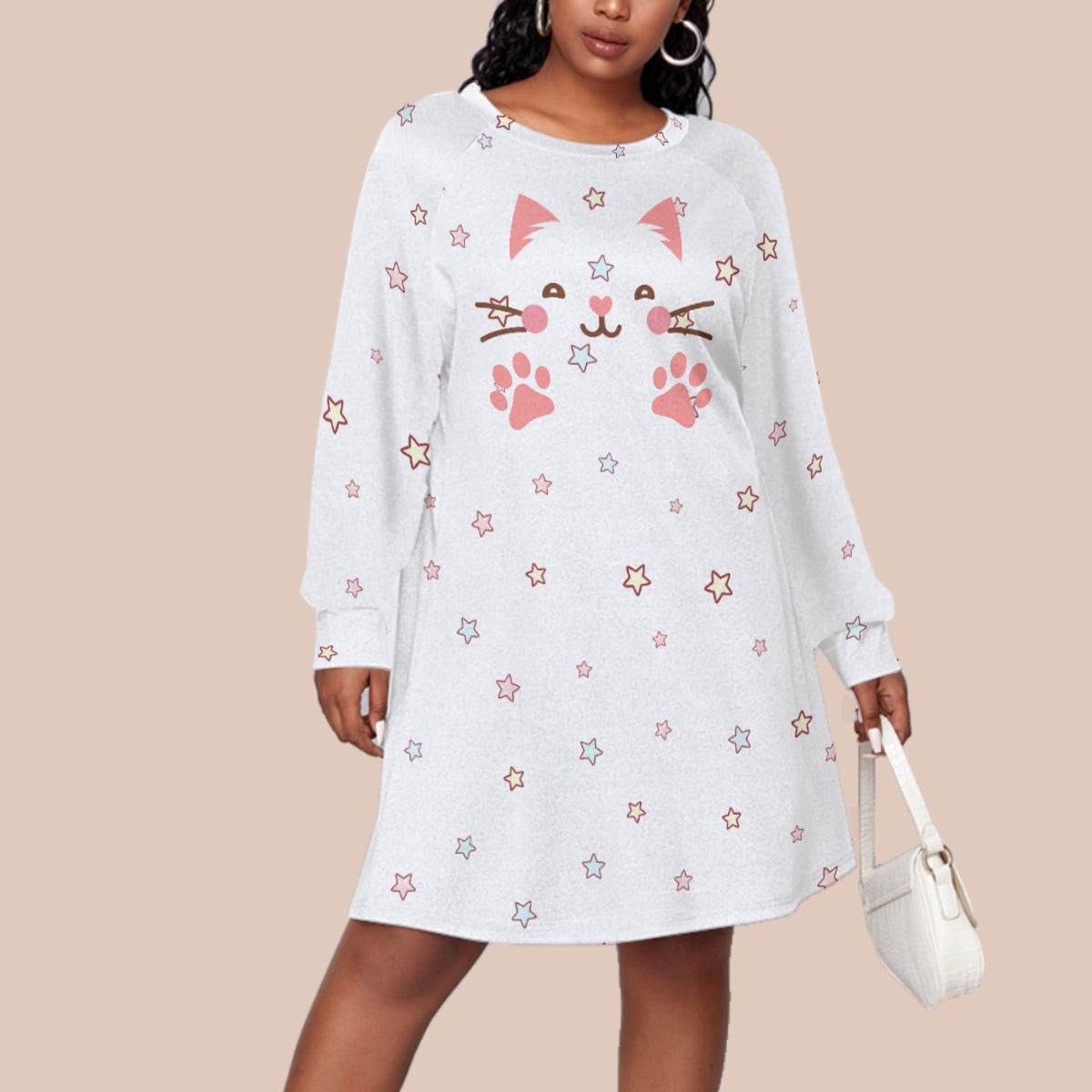 Kawaii Heaven Playful Cat Print Plus Size Raglan Sleeve Dress for Women