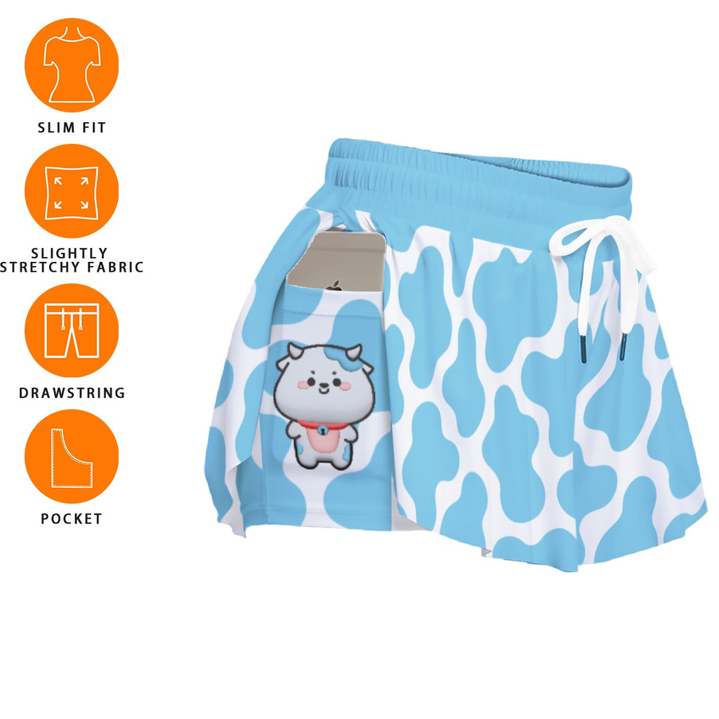 Cute Blue Cow Print Sport Skort with Pocket - Kawaii Dog Design Athletic Skirt with Built-in Shorts
