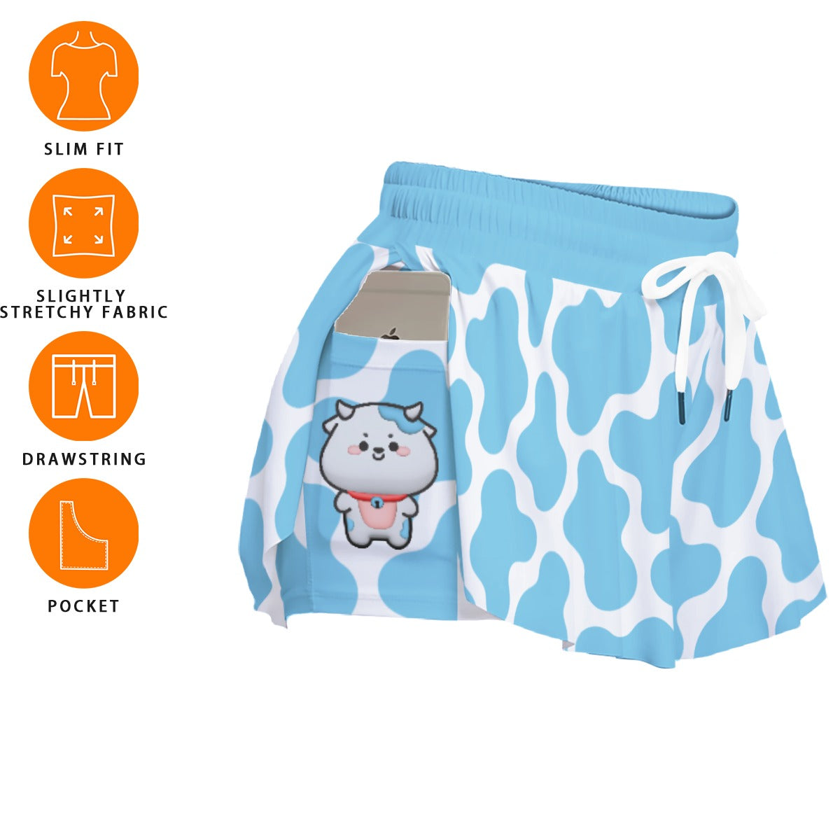 Cute Blue Cow Print Sport Skort with Pocket - Kawaii Dog Design Athletic Skirt with Built-in Shorts
