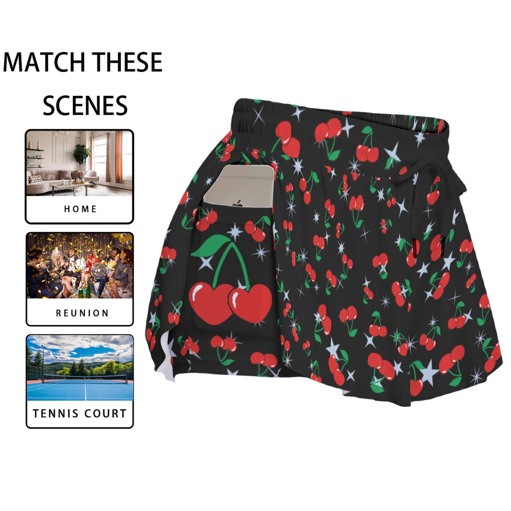 Cherry Print Skort – Black Skirt Shorts with Pockets