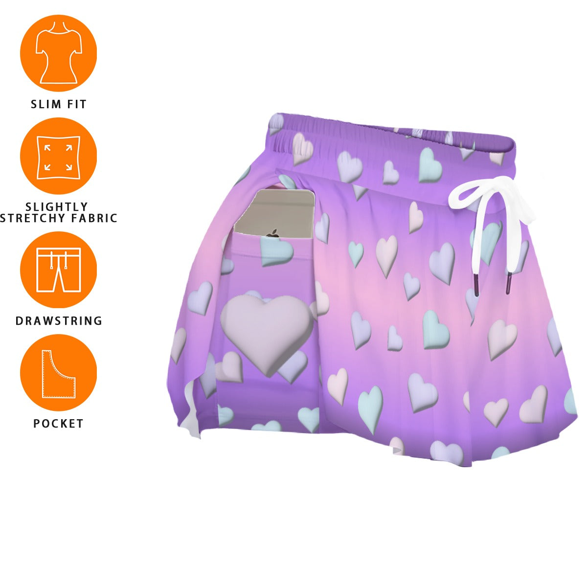 Gradient Pastel Heart Skort – Women’s Kawaii Sports Skirt with Pockets