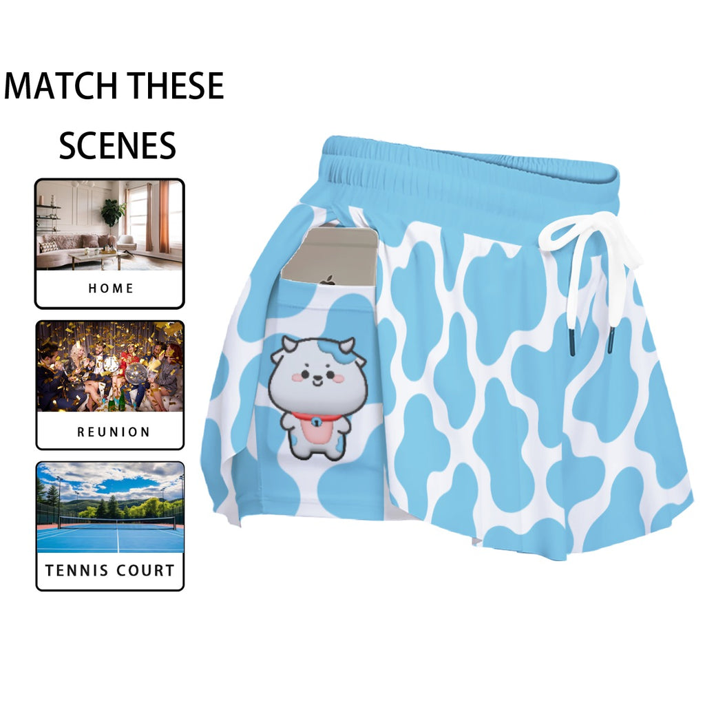 Cute Blue Cow Print Sport Skort with Pocket - Kawaii Dog Design Athletic Skirt with Built-in Shorts