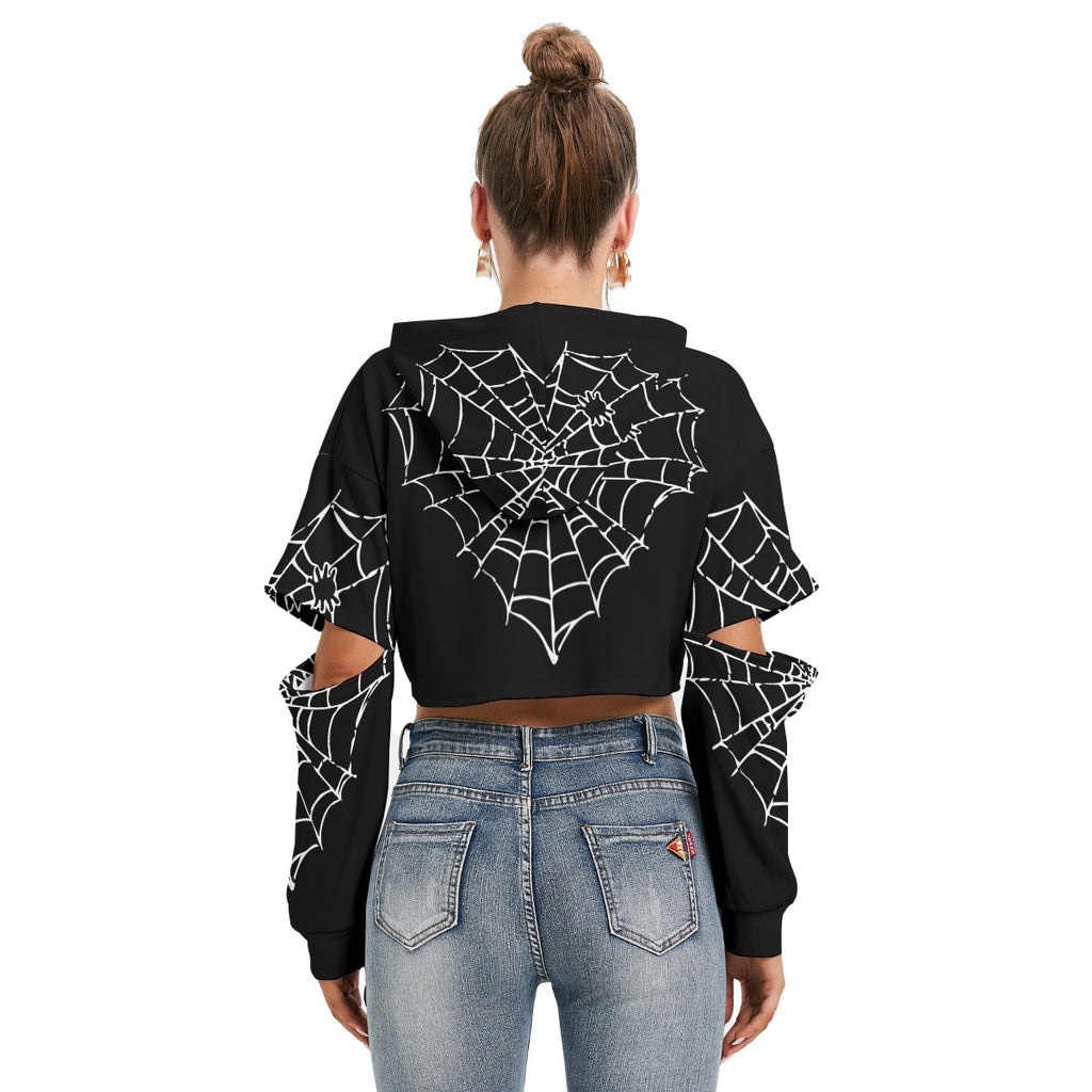 Kawaii Heaven Women Gothic Spiderweb Heart Cropped Hoodie - Black Halloween Aesthetic