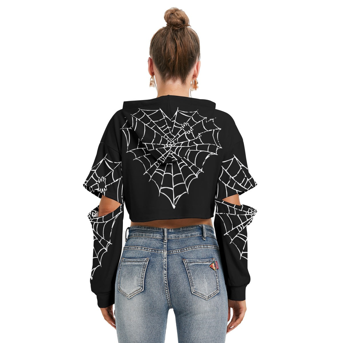 Kawaii Heaven Women Gothic Spiderweb Heart Cropped Hoodie - Black Halloween Aesthetic