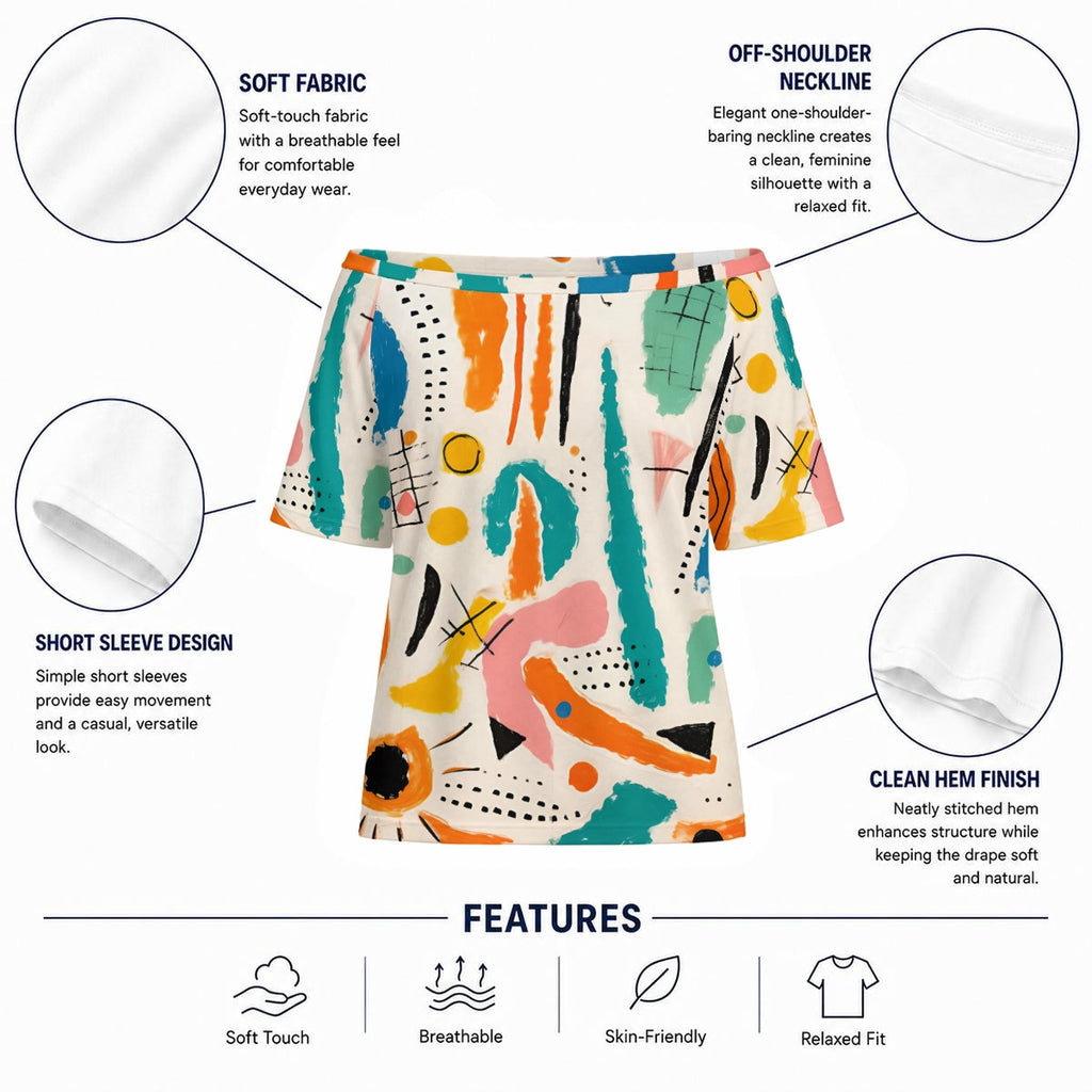 Abstract Off Shoulder Top – Colorful Wide Neck Casual Tee