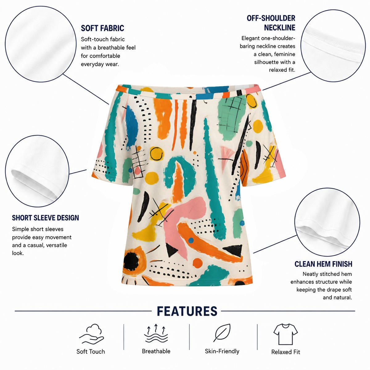 Abstract Off Shoulder Top – Colorful Wide Neck Casual Tee