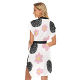 Kawaii Heaven Women's Stand-Up Collar Belted Casual Dress - Black and Pink Floral Print