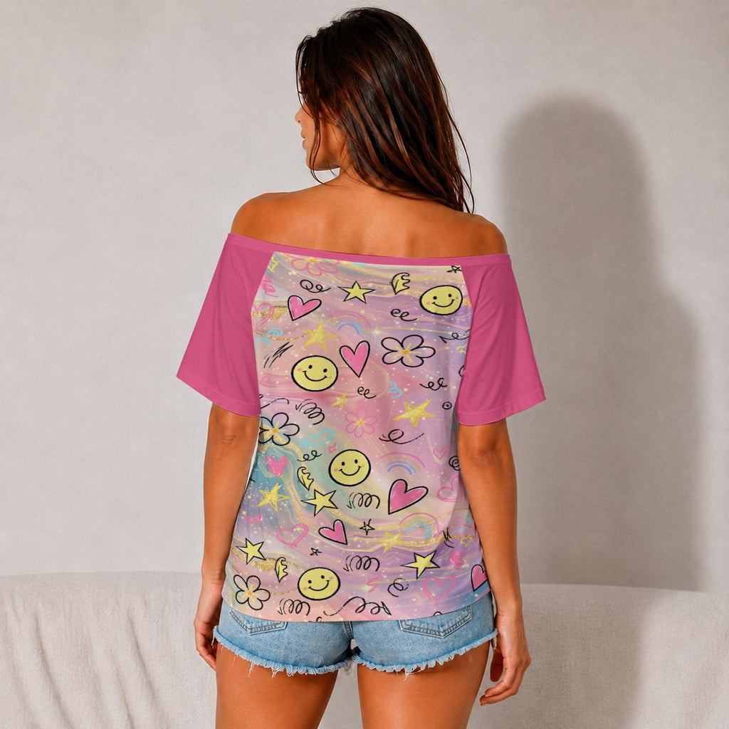 Kawaii Smiley Off Shoulder Top – Pastel Cute Graphic Tee