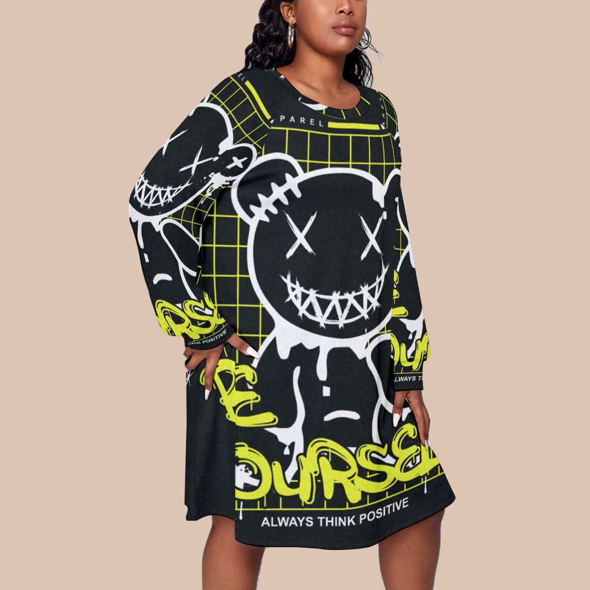 Plus Size Streetwear Graffiti Print Long Sleeve Raglan Dress - Be Yourself Graphic, Comfort Fit