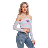 Butterfly Off-Shoulder Crop Top – Halter Neck Long Sleeve Top