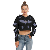 Women's Halloween Bat & Spider Print Cropped Hoodie with Hollow Out Sleeves, Fleece-Lined