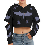 Women's Halloween Bat & Spider Print Cropped Hoodie with Hollow Out Sleeves, Fleece-Lined