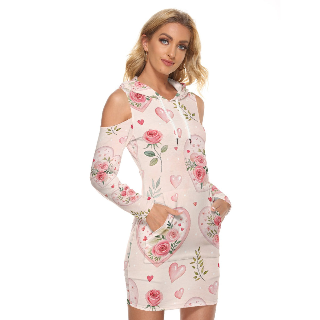 Rose Heart Hoodie Dress – Off Shoulder Floral Tunic with Pocket