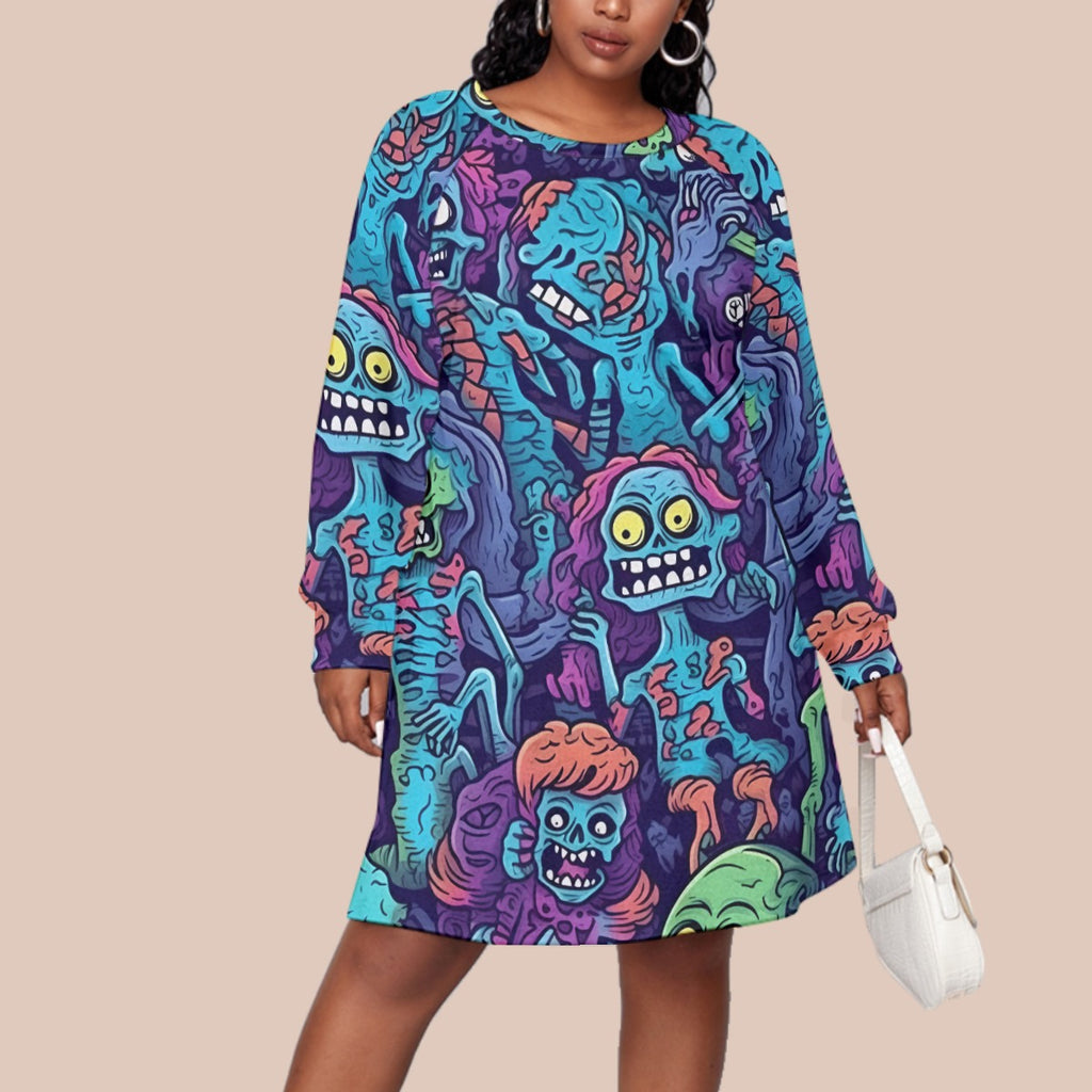 Zombie Cartoon Plus Size Long Sleeve Dress - Oversized Halloween Tunic with Raglan Sleeve