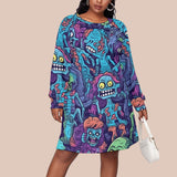 Zombie Cartoon Plus Size Long Sleeve Dress - Oversized Halloween Tunic with Raglan Sleeve