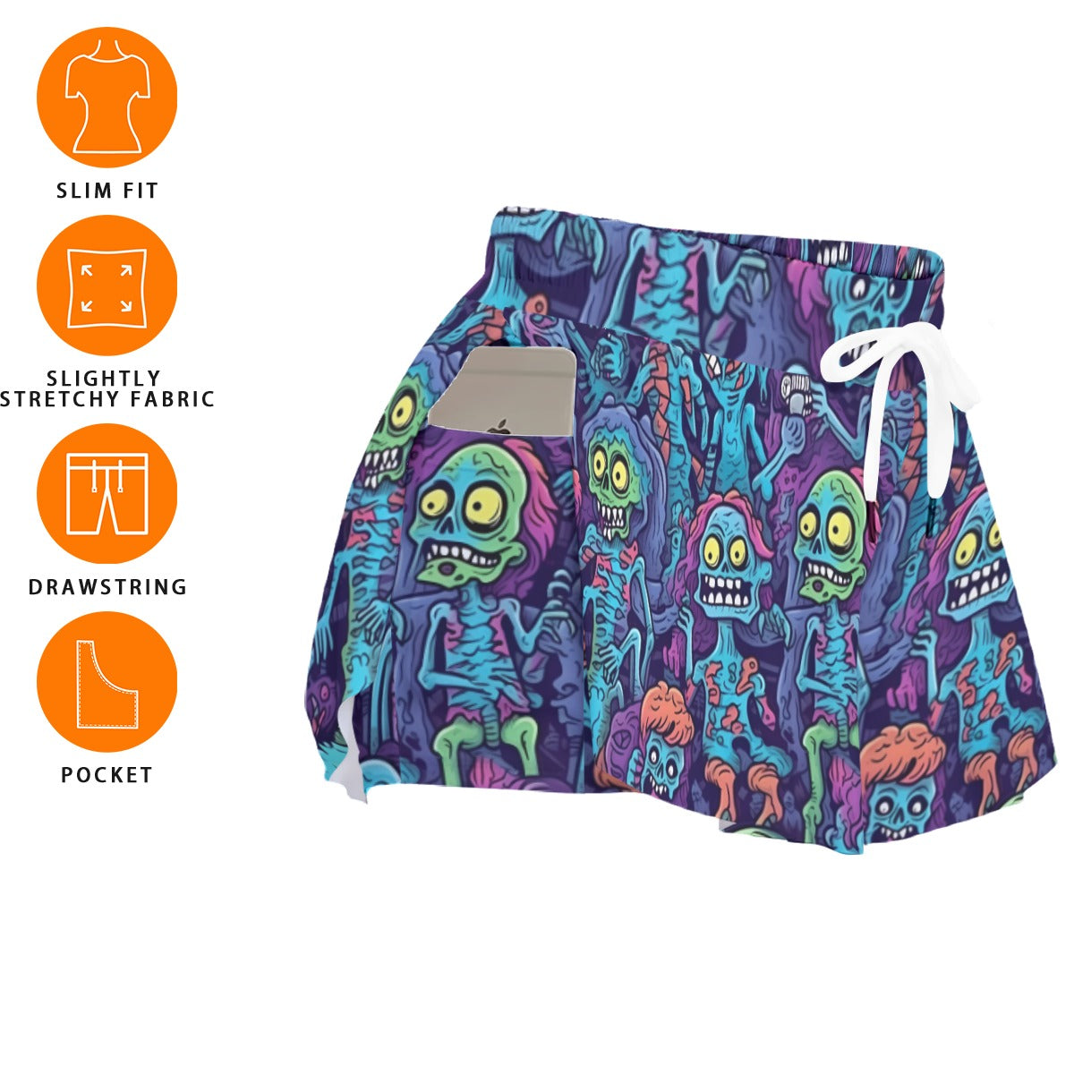 Zombie Cartoon Print Women's Sport Skorts - Colorful Athletic Skorts with Side Pockets and Elastic Waist