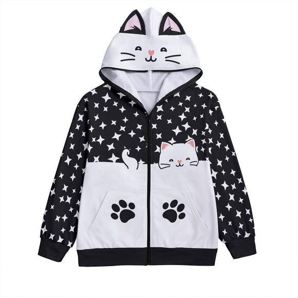 Cat Ear Zip Hoodie – Kawaii Star Print Jacket with Paw Pockets