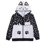 Cat Ear Zip Hoodie – Kawaii Star Print Jacket with Paw Pockets