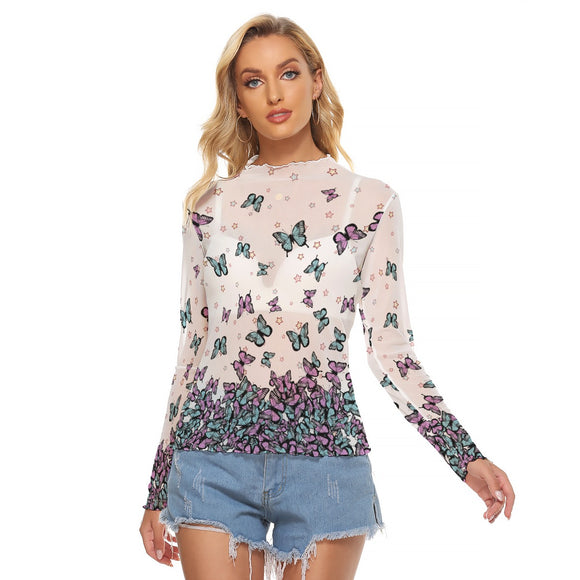 Kawaii Heaven Women's Butterfly Mesh Long Sleeve T-Shirt - Sexy Festival Layering Top