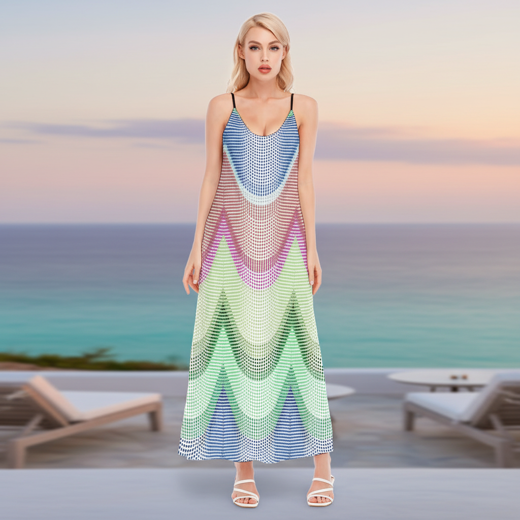 Rainbow Wave Maxi Dress – Colorful Geometric Spaghetti Strap Dress