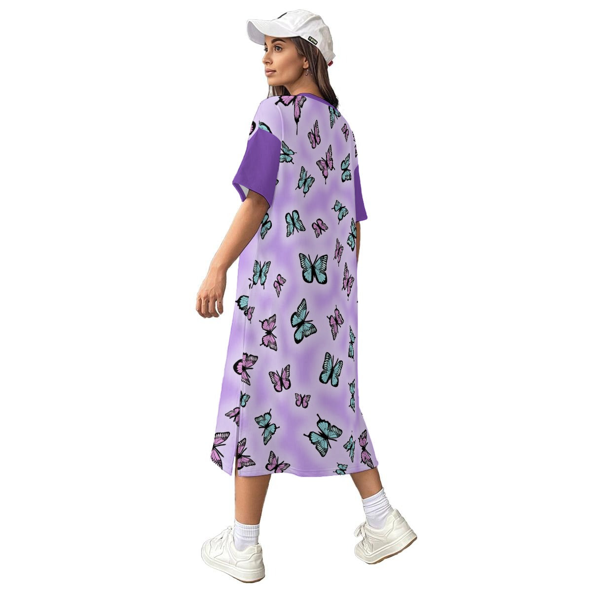 Purple Butterfly Cotton Midi Dress – Nature Inspired T-Shirt Dress | 180GSM Cotton