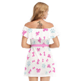 Off Shoulder Chiffon Dress with Bow Print – Lightweight Summer Mini Dress