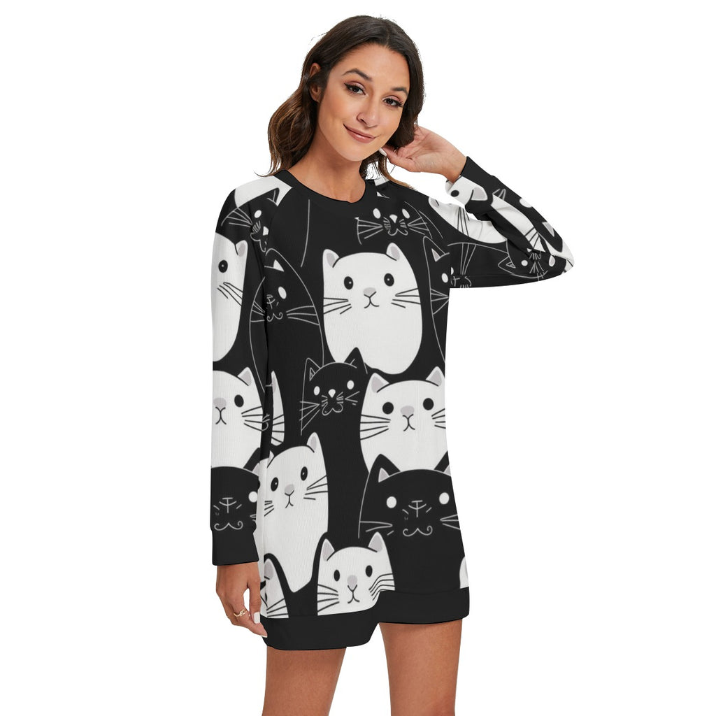 Women's Monochrome Meow Lounge Round Neck Raglan Sleeve Sweater | Polyester Blend
